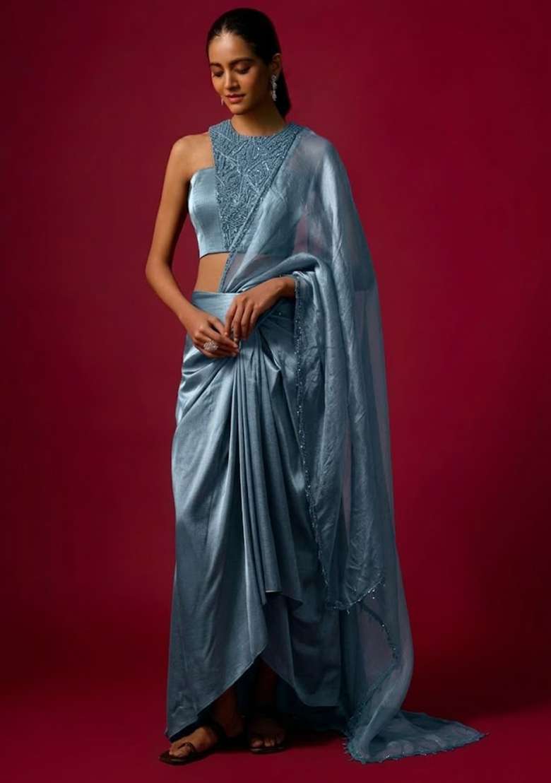Dusty Blue Satin Handwork Pre Draped Saree Set - Indya