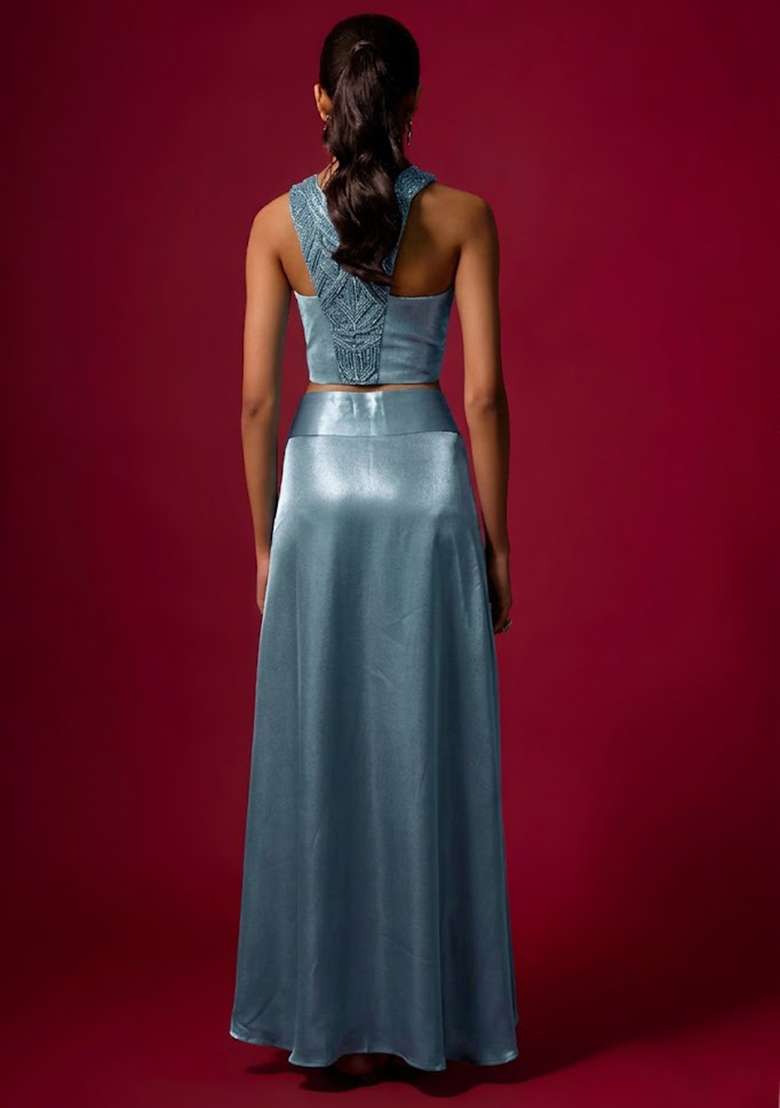 Dusty Blue Satin Handwork Pre Draped Saree Set - Indya