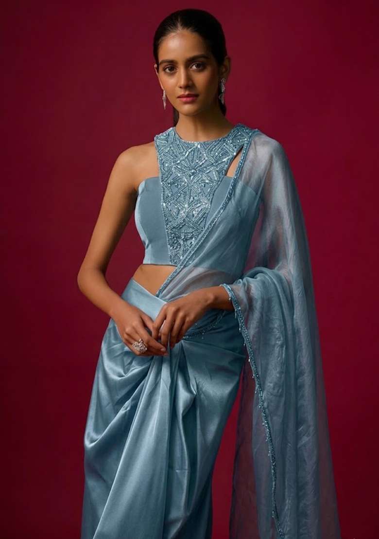 Dusty Blue Satin Handwork Pre Draped Saree Set - Indya
