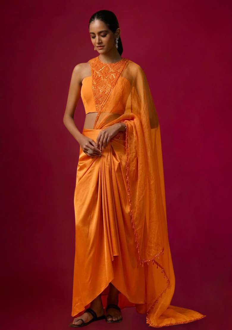 Orange Satin Handwork Pre Draped Saree Set - Indya