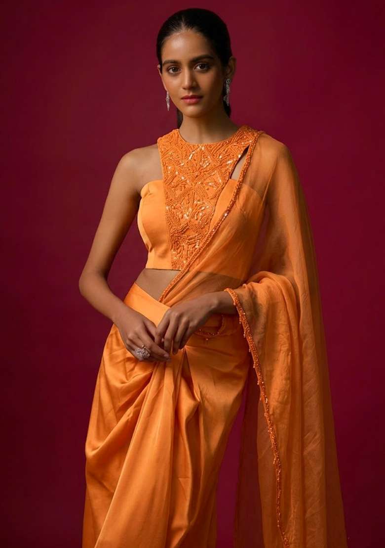 Orange Satin Handwork Pre Draped Saree Set - Indya