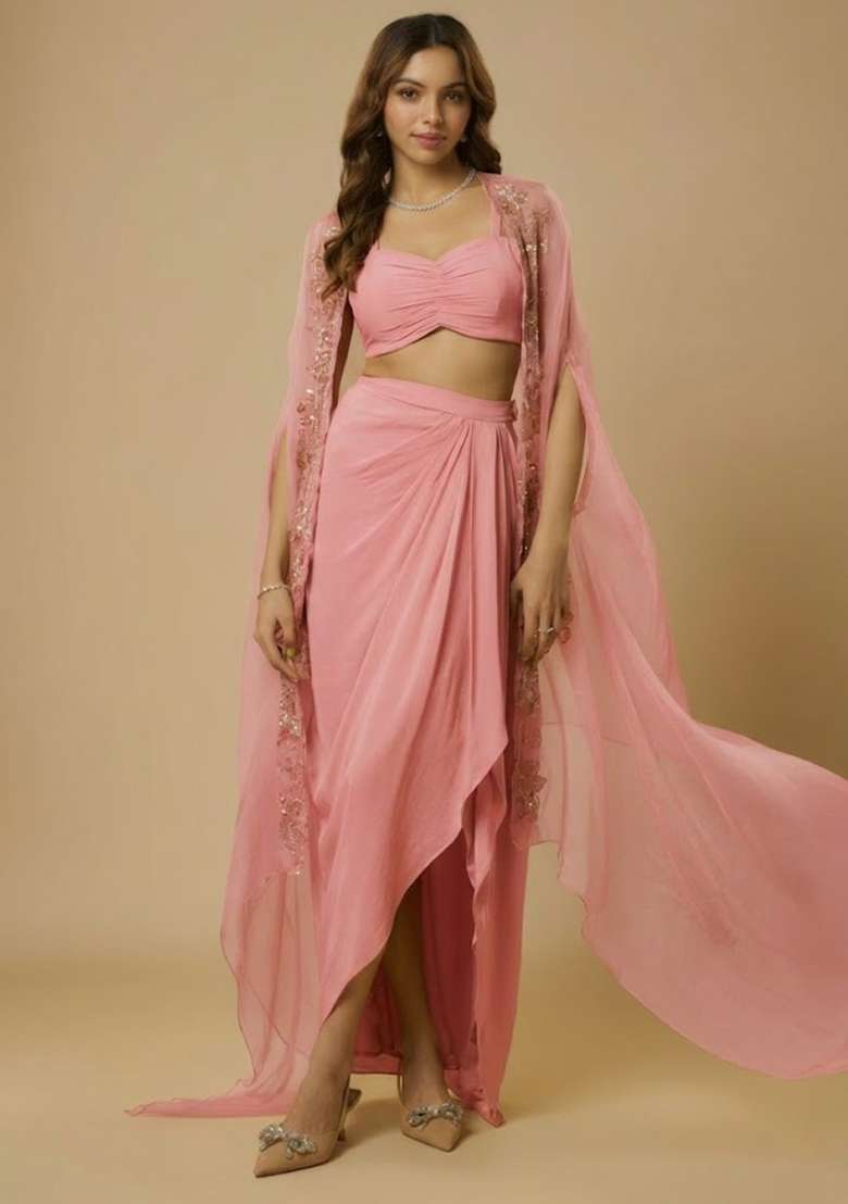 Pink Crepe Handwork Fusion Set - Indya