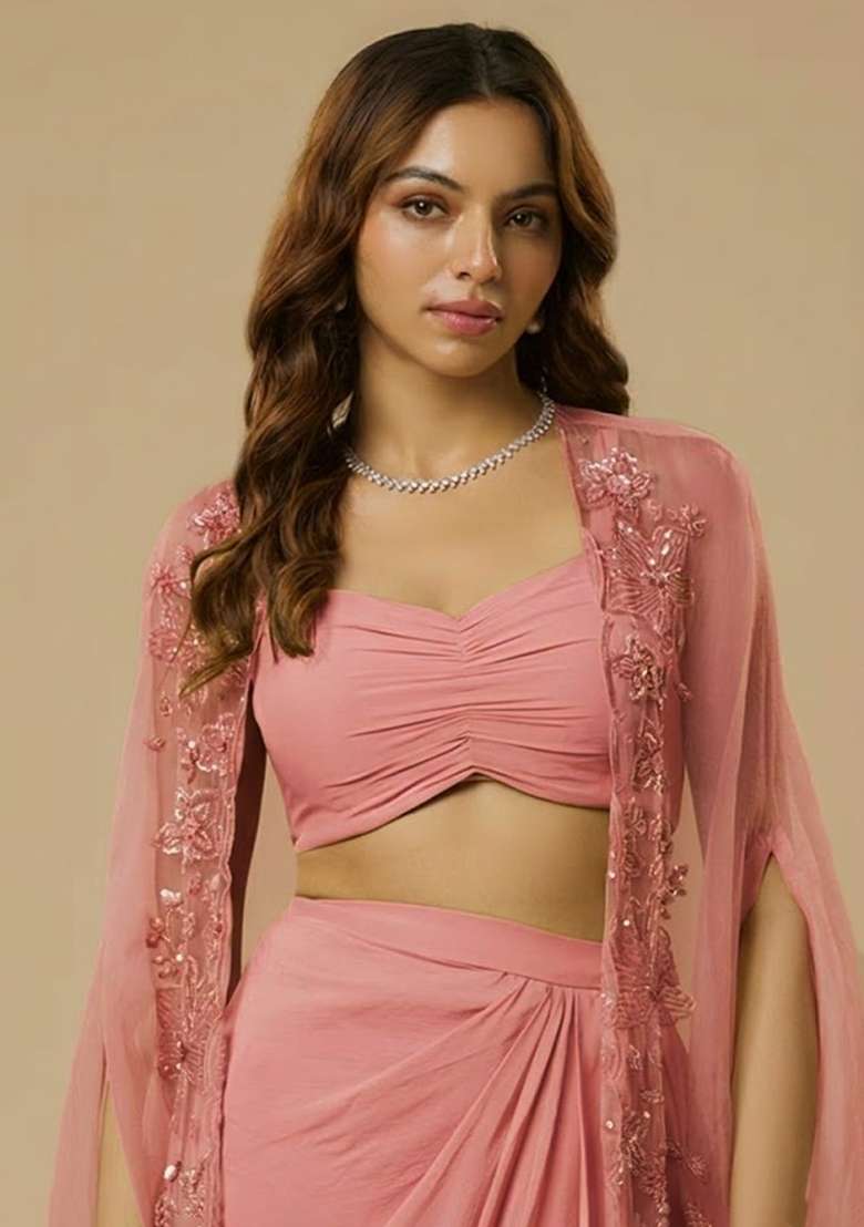 Pink Crepe Handwork Fusion Set - Indya