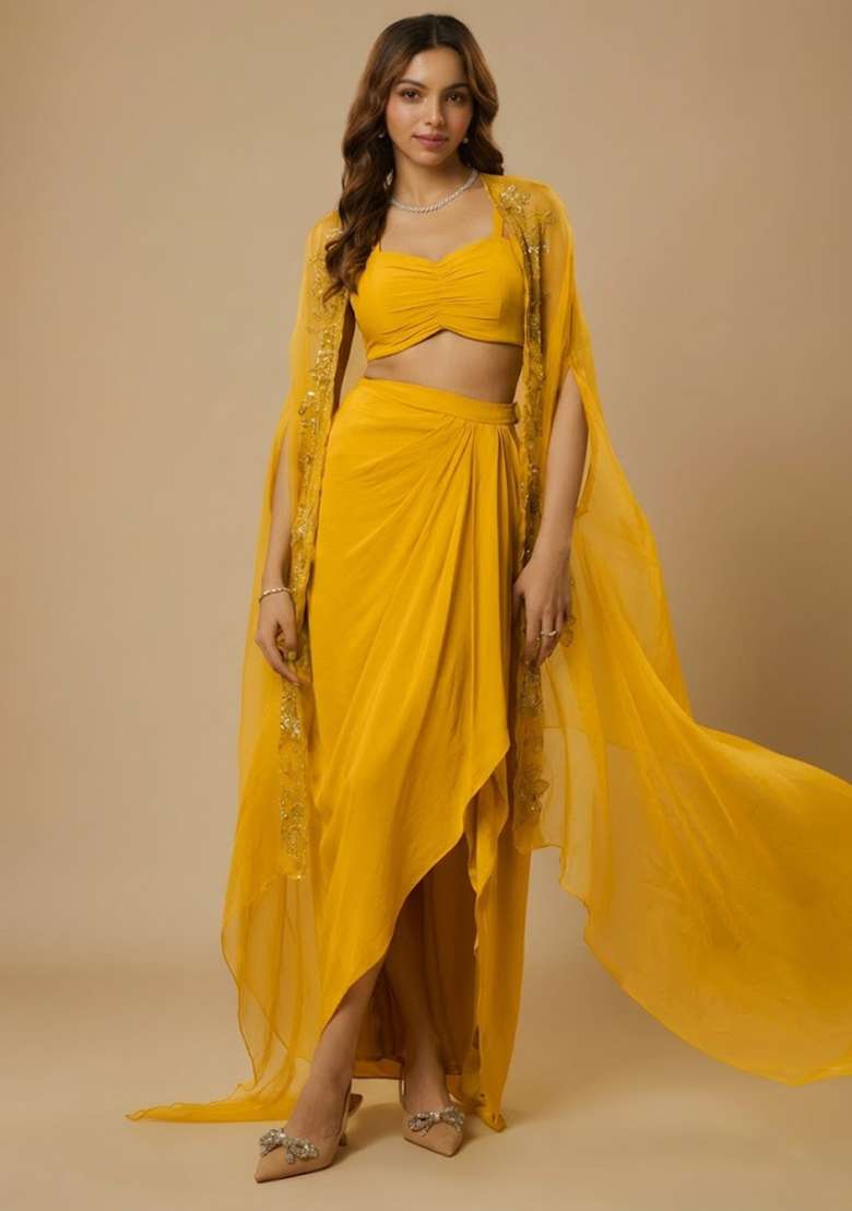 Mustard Crepe Handwork Fusion Set - Indya