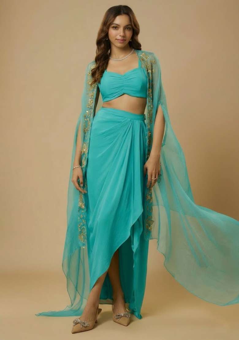 Aqua Blue Crepe Handwork Fusion Set - Indya