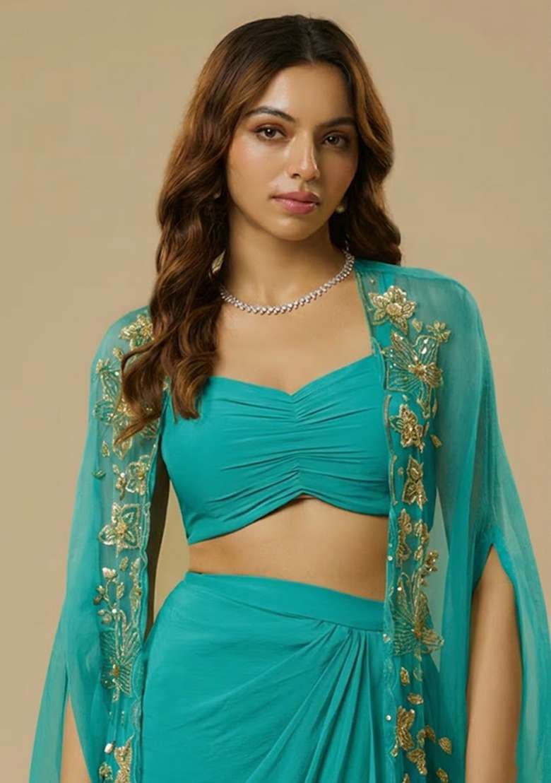 Aqua Blue Crepe Handwork Fusion Set - Indya