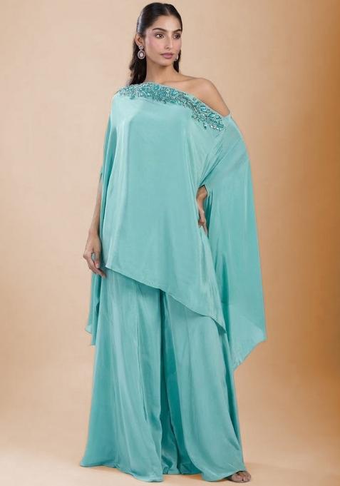 Turquoise Blue Satin Handwork Fusion Set