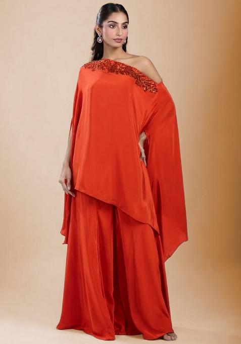 Orange Satin Handwork Fusion Set