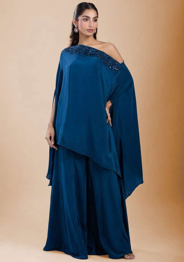 Navy Blue Satin Handwork Fusion Set - Indya