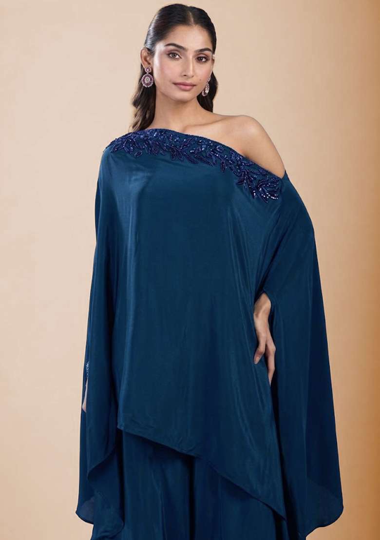 Navy Blue Satin Handwork Fusion Set - Indya
