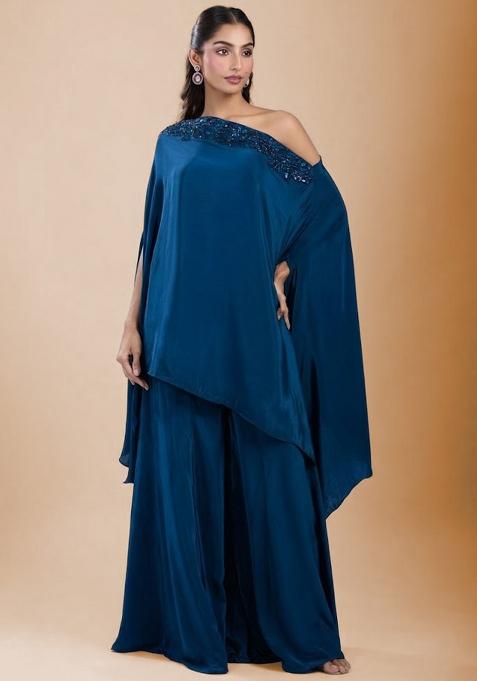 Navy Blue Satin Handwork Fusion Set