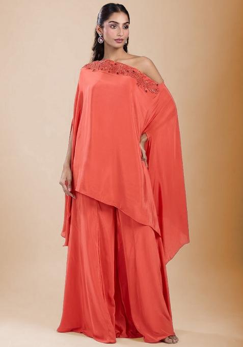 Coral Satin Handwork Fusion Set
