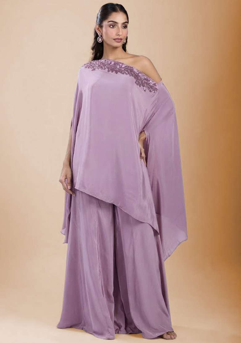 Lavender Satin Handwork Fusion Set - Indya