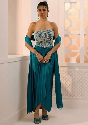 Teal Green Satin Handwork Fusion Set