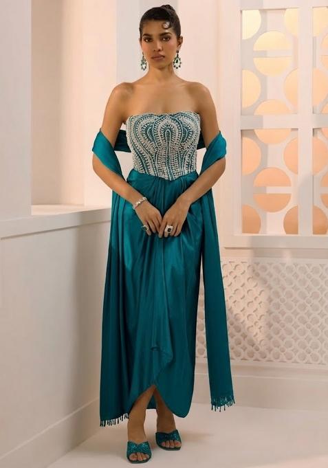 Teal Green Satin Handwork Fusion Set