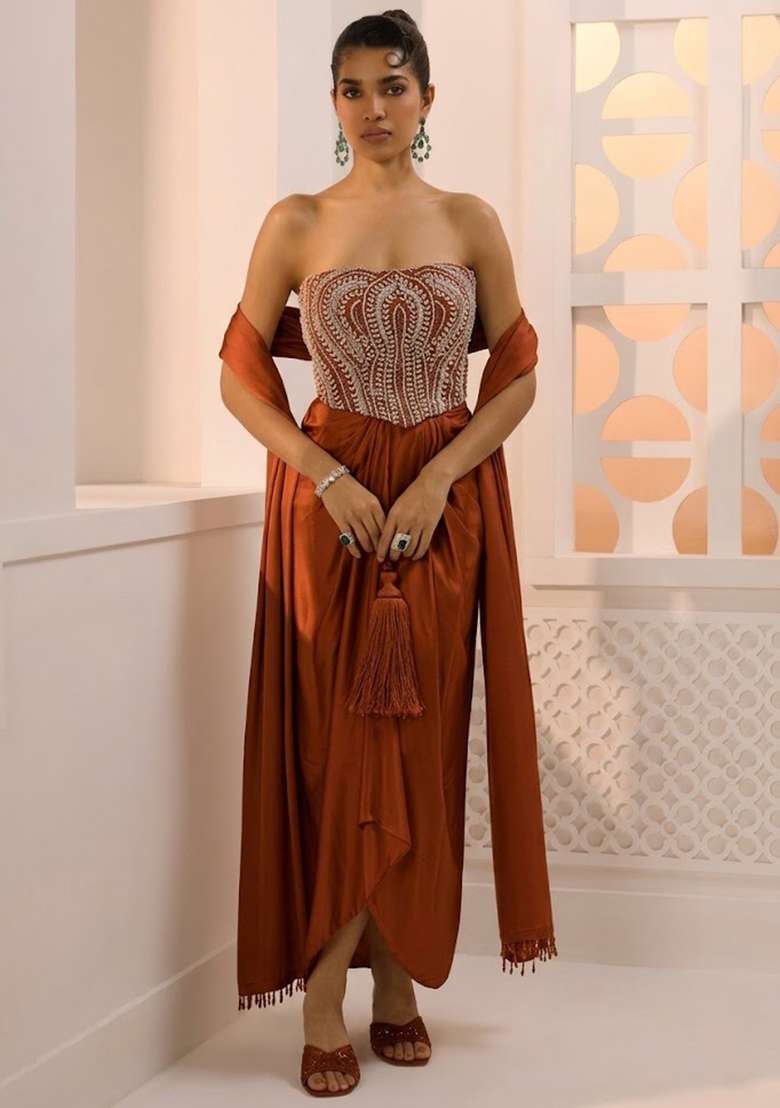 Rust Satin Handwork Fusion Set - Indya