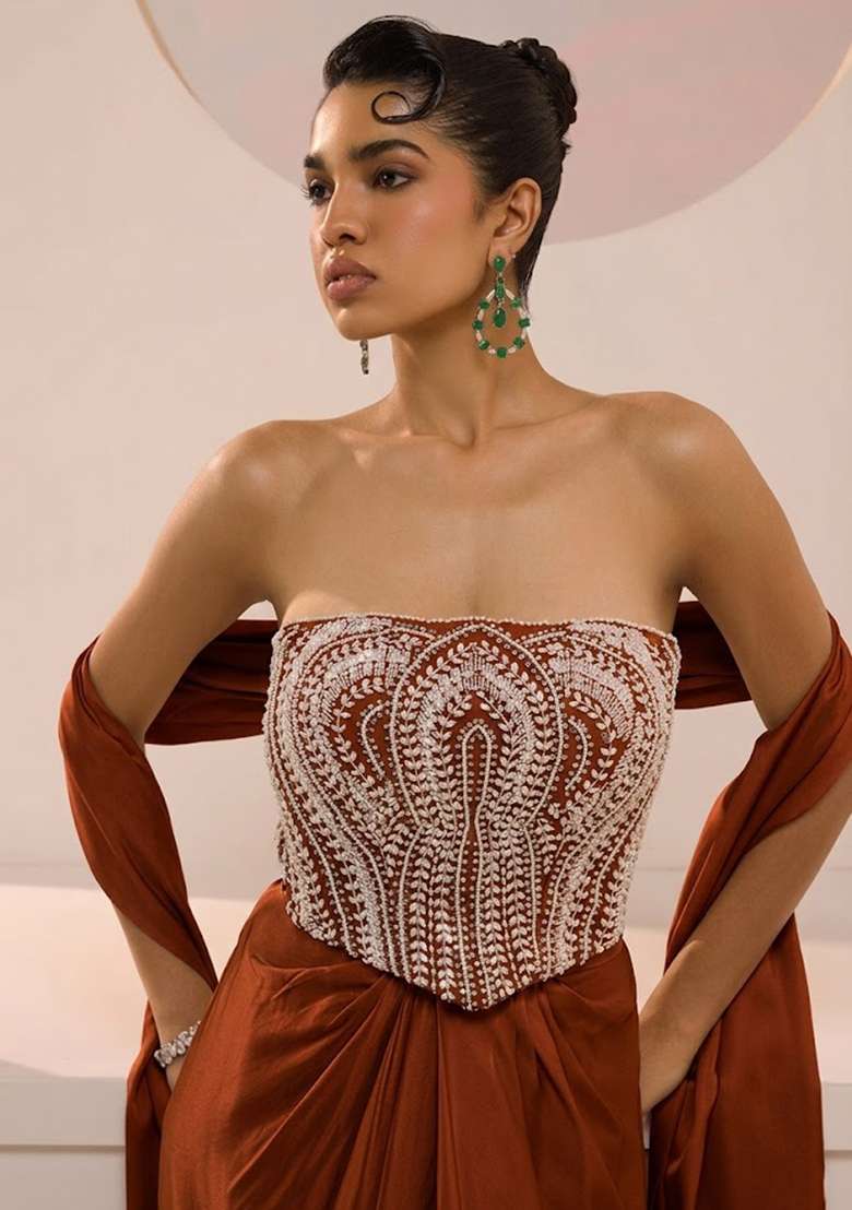 Rust Satin Handwork Fusion Set - Indya