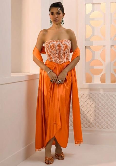 Orange Satin Handwork Fusion Set