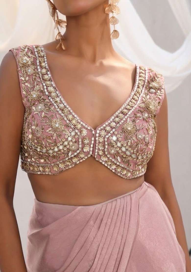 Blush Pink Crepe Handwork Fusion Set - Indya