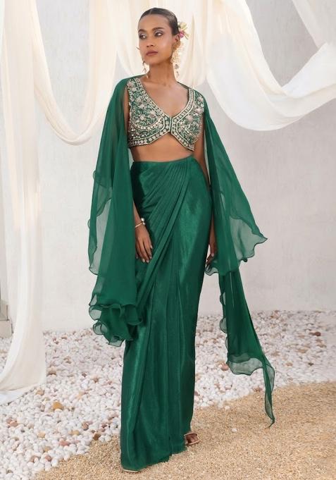 Bottle Green Satin Handwork Fusion Set