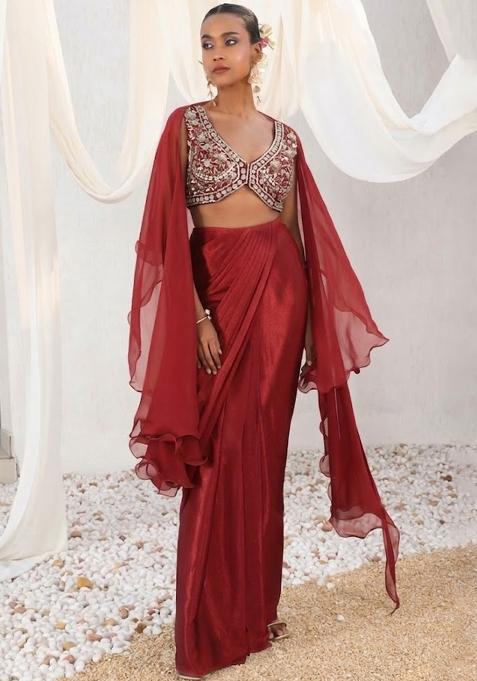 Wine Red Satin Handwork Fusion Set