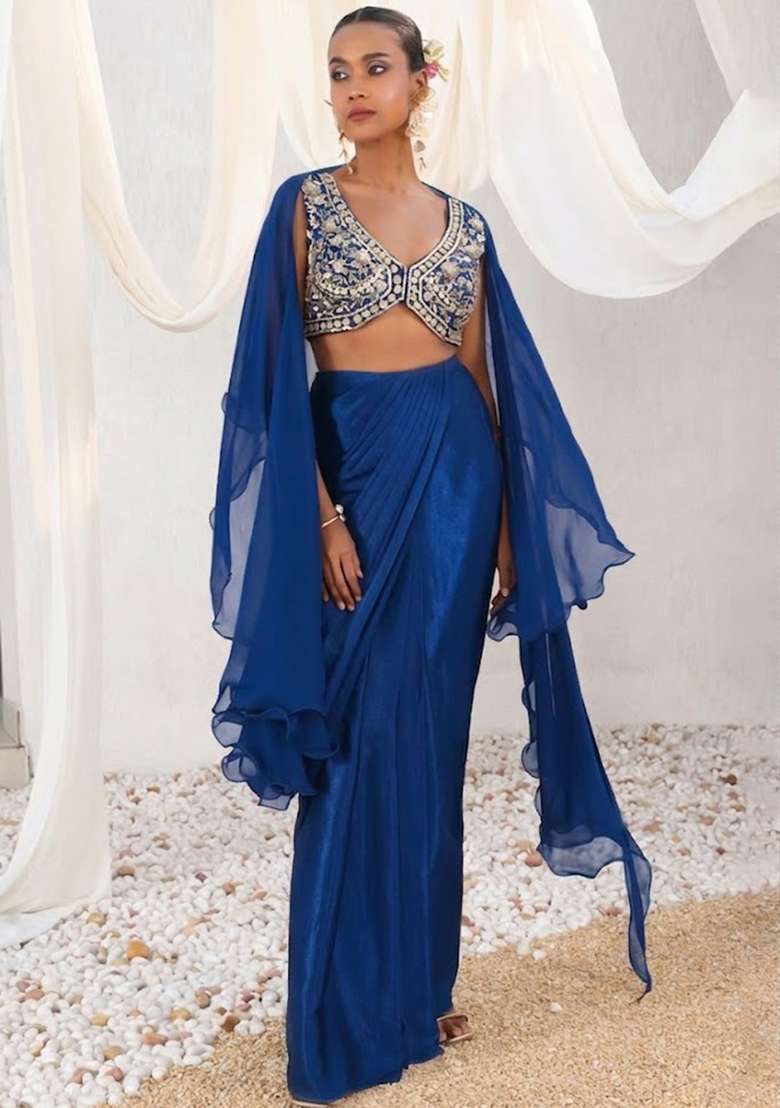 Royal Blue Satin Handwork Fusion Set - Indya
