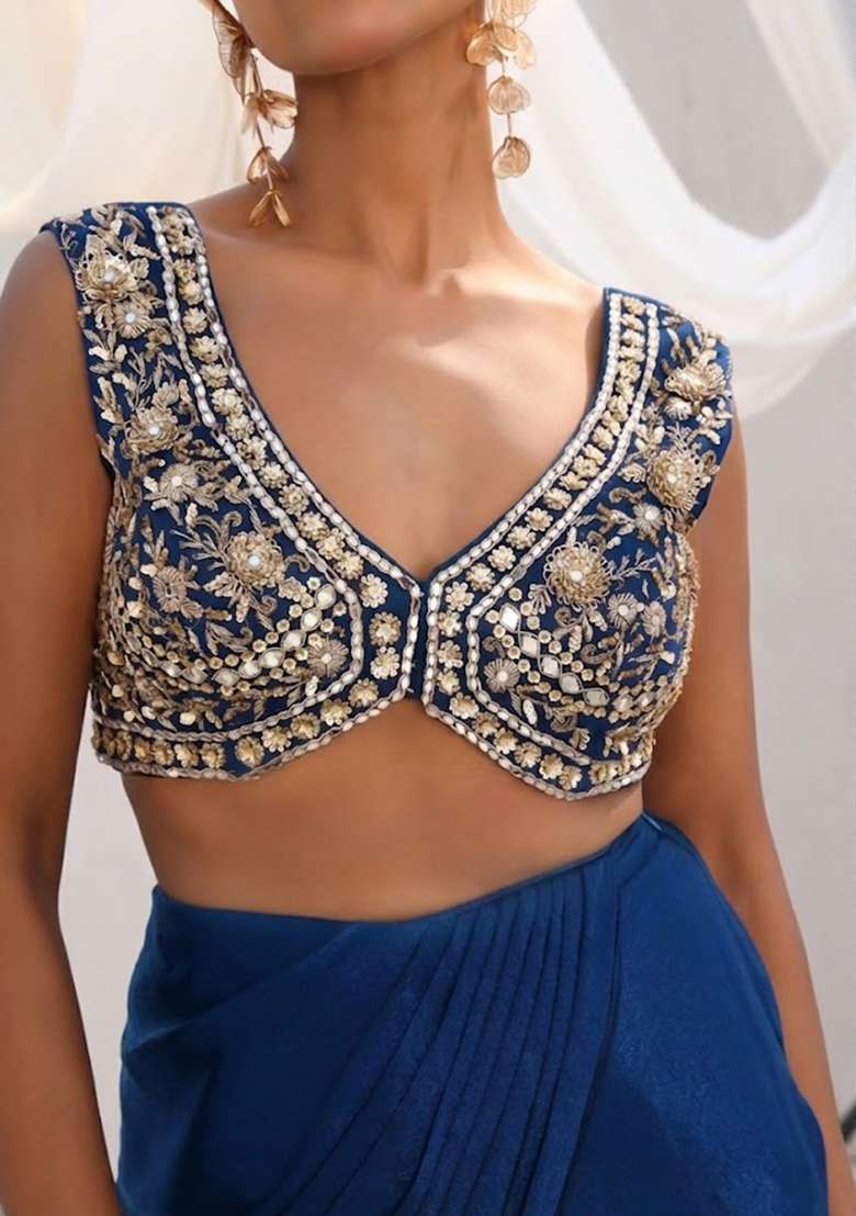 Royal Blue Satin Handwork Fusion Set - Indya