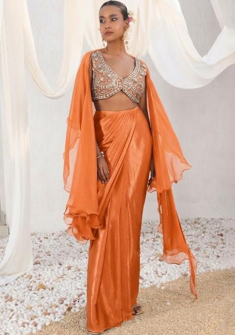 Orange Satin Handwork Fusion Set