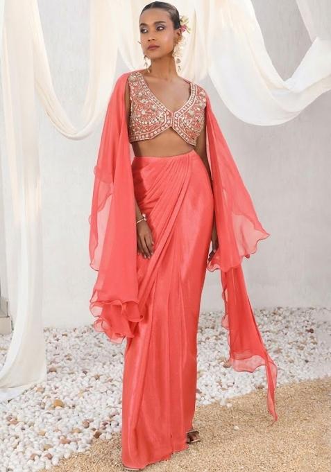 Coral Satin Handwork Fusion Set