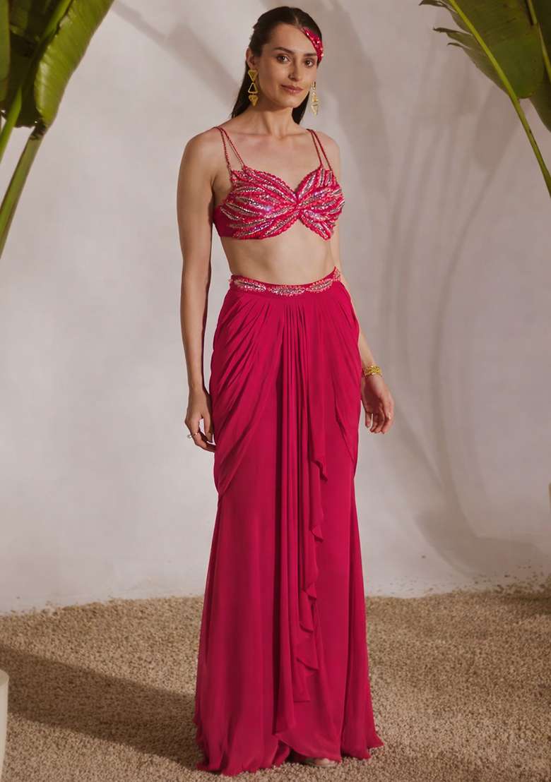 Pink Crepe Handwork Fusion Set - Indya
