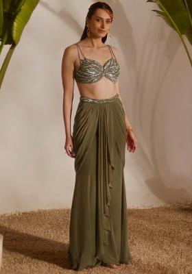 Olive Green Crepe Handwork Fusion Set