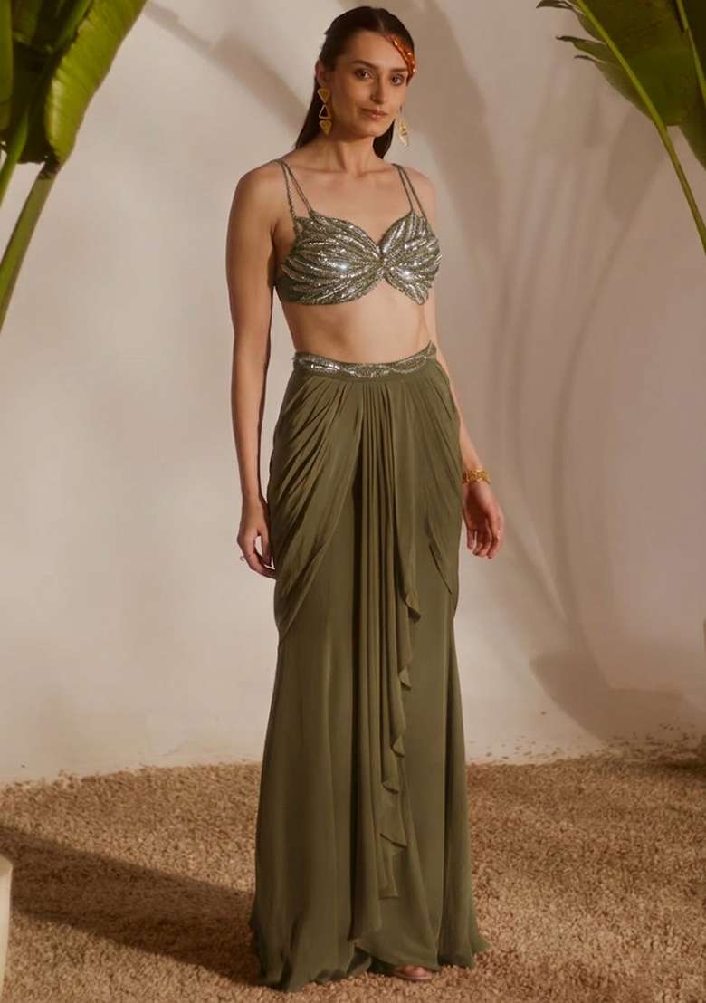 Olive Green Crepe Handwork Fusion Set - Indya