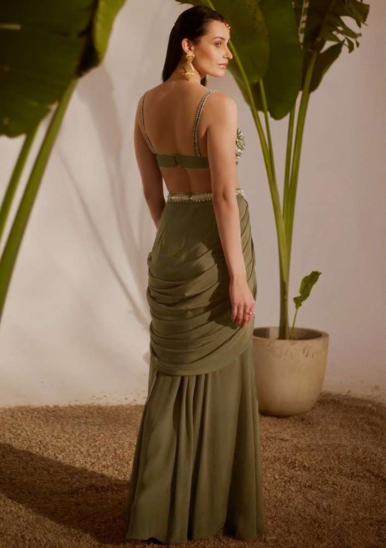 Olive Green Crepe Handwork Fusion Set - Indya