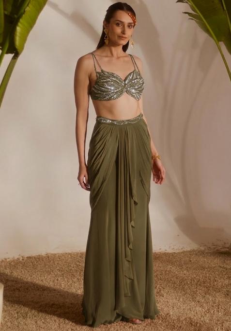 Olive Green Crepe Handwork Fusion Set