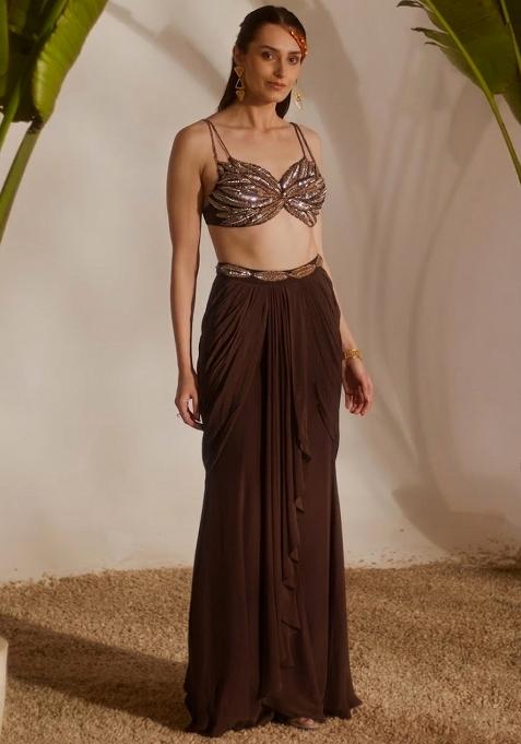 Brown Crepe Handwork Fusion Set