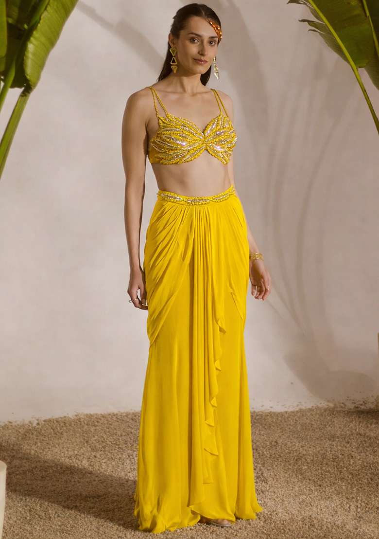Yellow Crepe Handwork Fusion Set - Indya