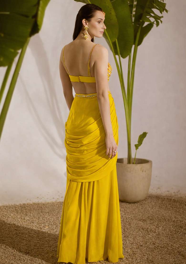 Yellow Crepe Handwork Fusion Set - Indya