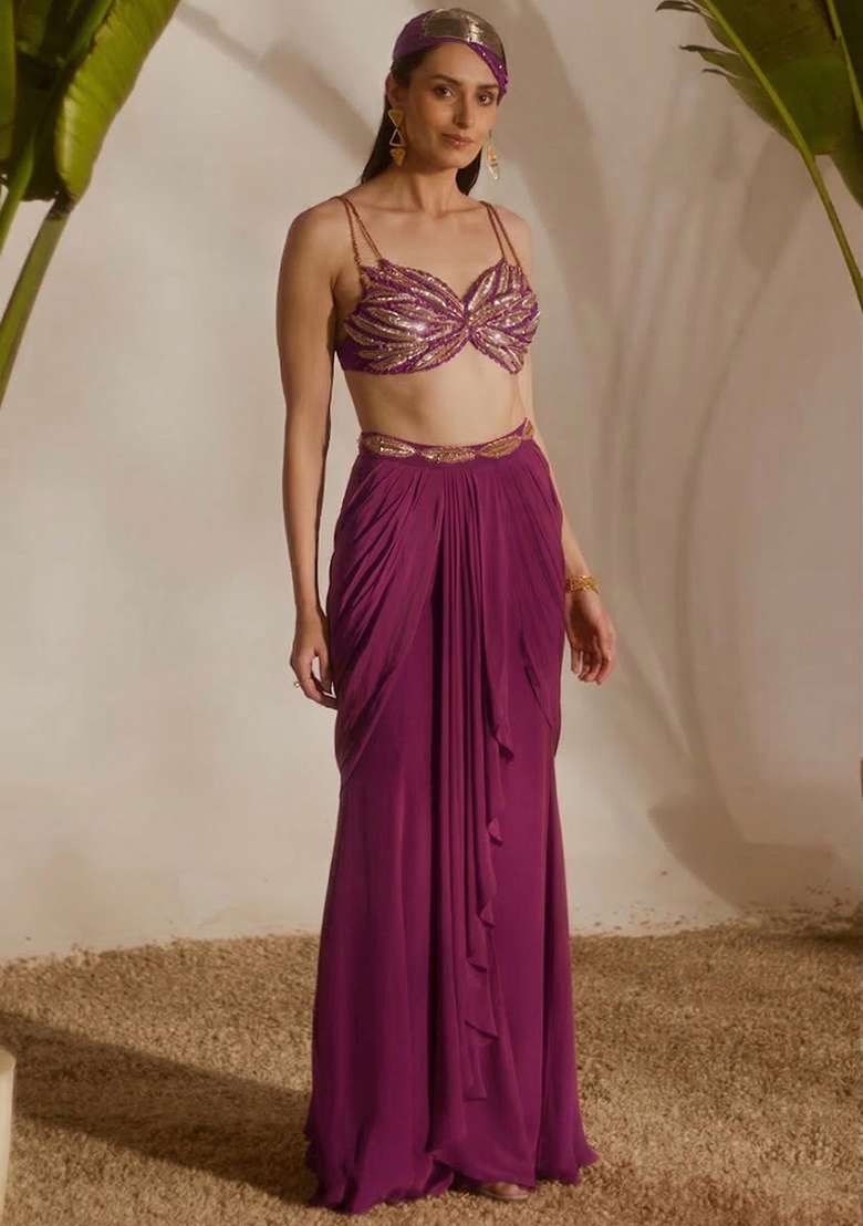 Rani Pink Crepe Handwork Fusion Set - Indya
