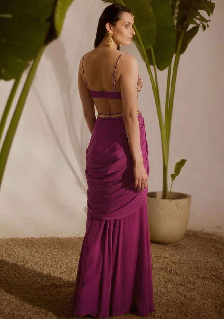Rani Pink Crepe Handwork Fusion Set - Indya