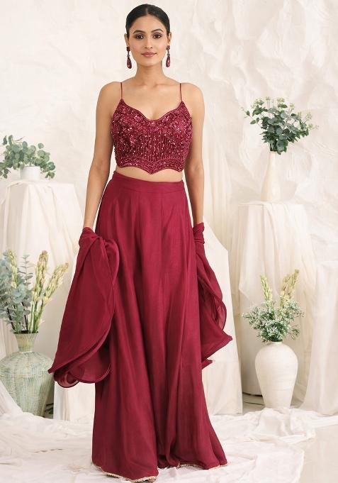 Maroon Crepe Handwork Fusion Set