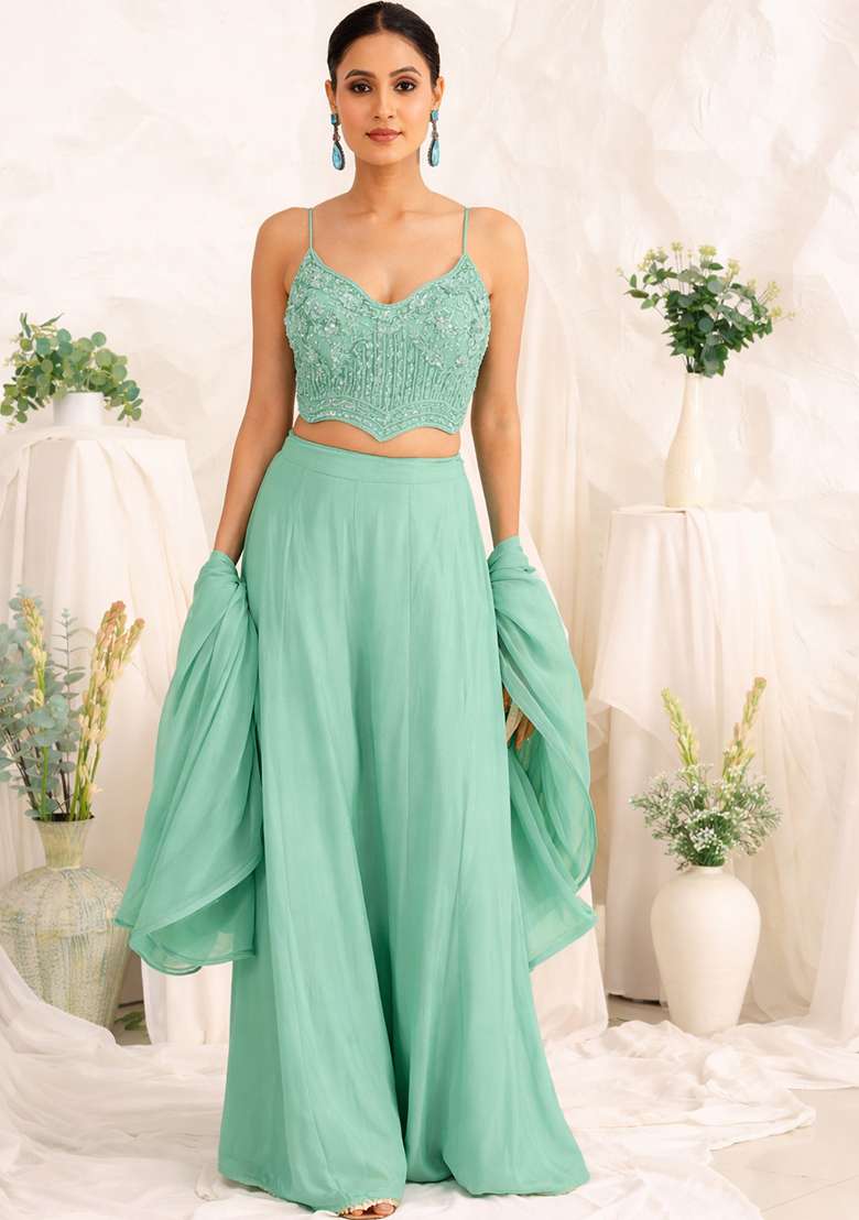 Sea Green Crepe Handwork Fusion Set - Indya
