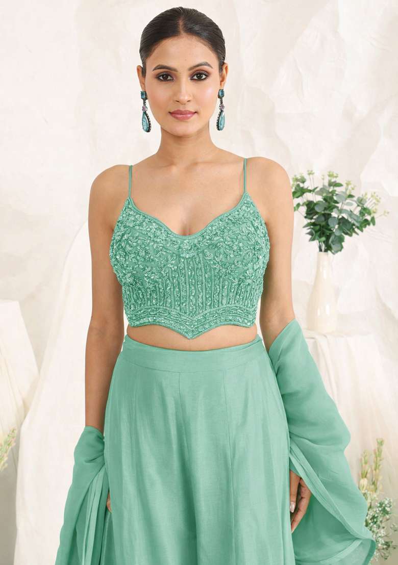 Sea Green Crepe Handwork Fusion Set - Indya