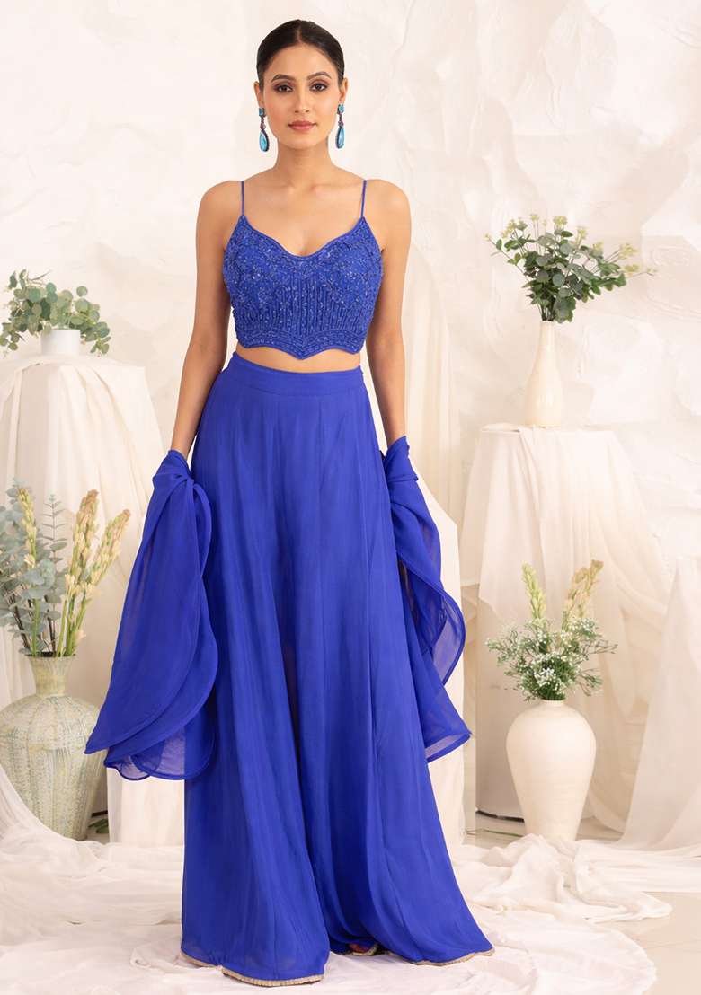 Royal Blue Crepe Handwork Fusion Set - Indya