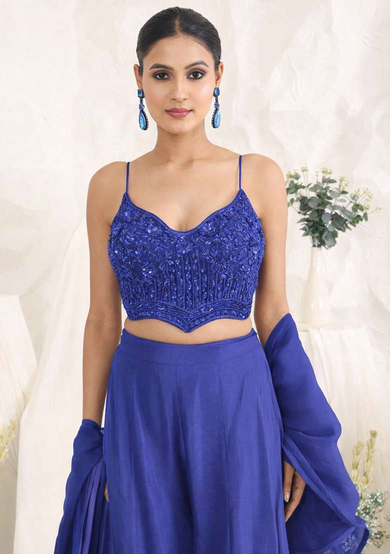 Royal Blue Crepe Handwork Fusion Set - Indya