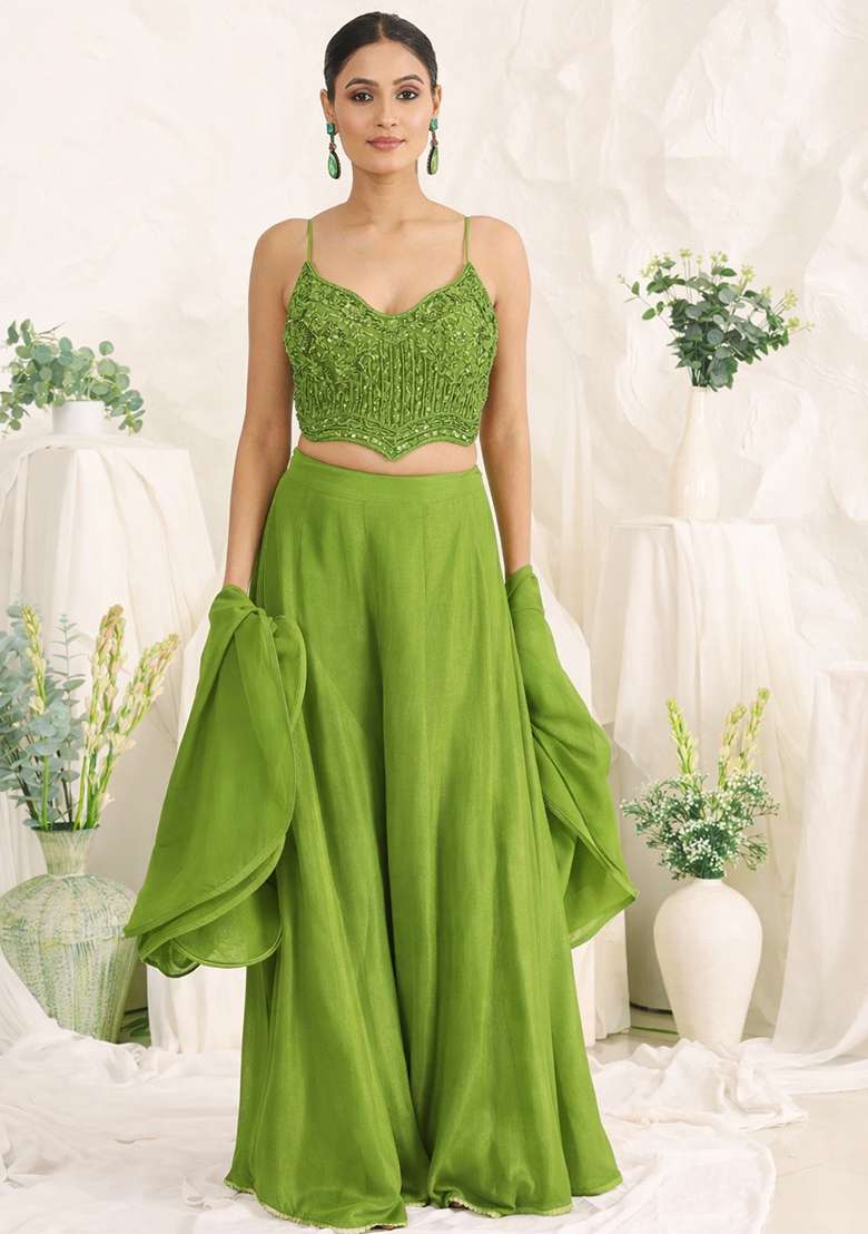 Olive Green Crepe Handwork Fusion Set - Indya