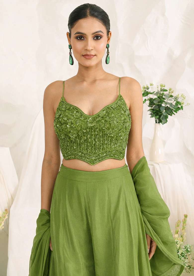Olive Green Crepe Handwork Fusion Set - Indya