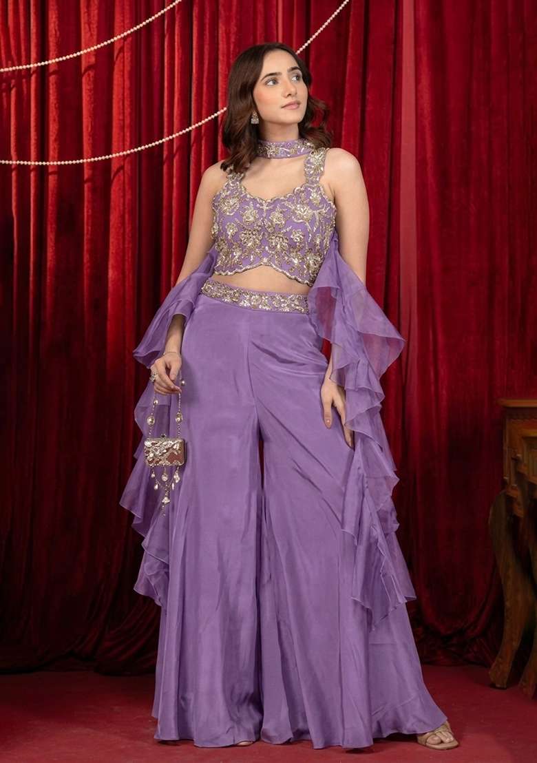 Pink Crepe Embroidered Handwork Fusion Set - Indya