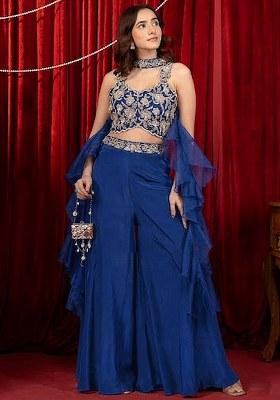 Blue Crepe Embroidered Handwork Fusion Set