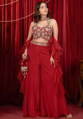 Red Crepe Embroidered Handwork Fusion Set
