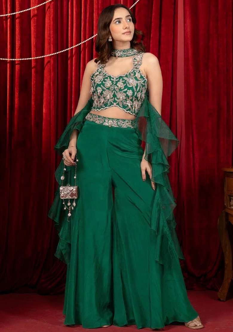 Emerald Green Crepe Embroidered Handwork Fusion Set - Indya